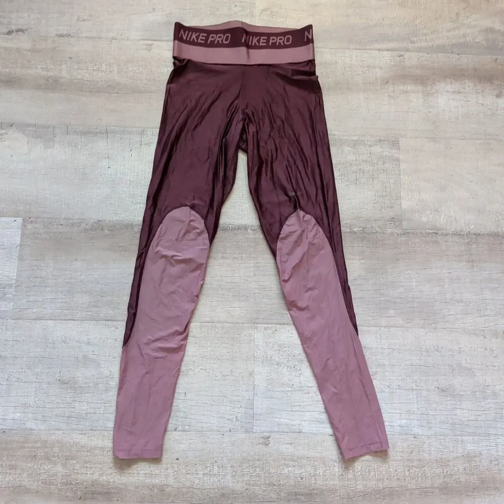 Nike Pro HyperCool Glamour Training Tights Burgundy Pink Colorblock Size S